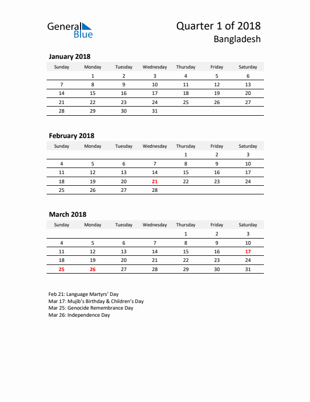 Q1 2018 Quarterly Calendar with Bangladesh Holidays (PDF Excel Word)