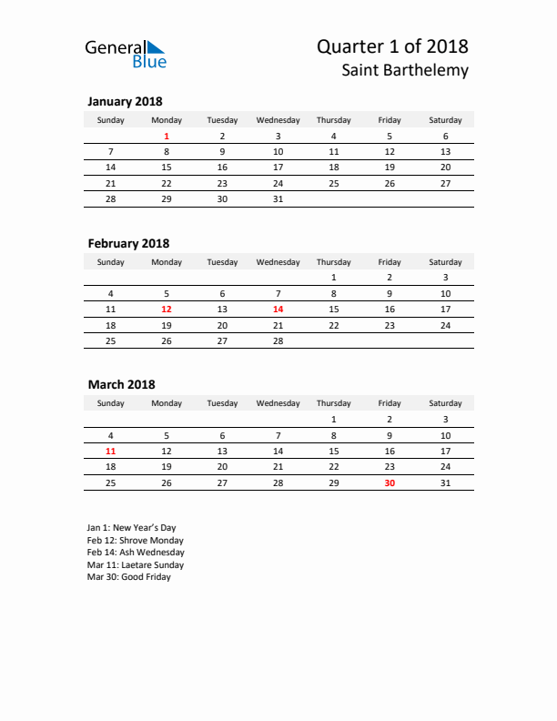2018 Three-Month Calendar for Saint Barthelemy