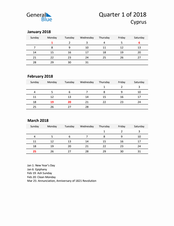 2018 Three-Month Calendar for Cyprus