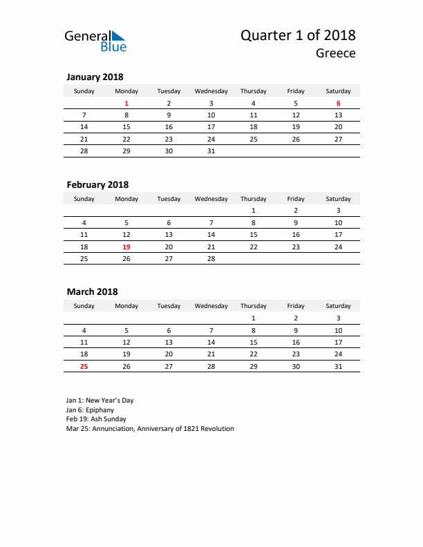 2018 Three-Month Calendar for Greece