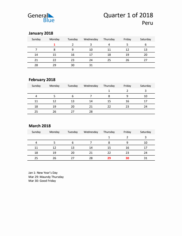 2018 Three-Month Calendar for Peru