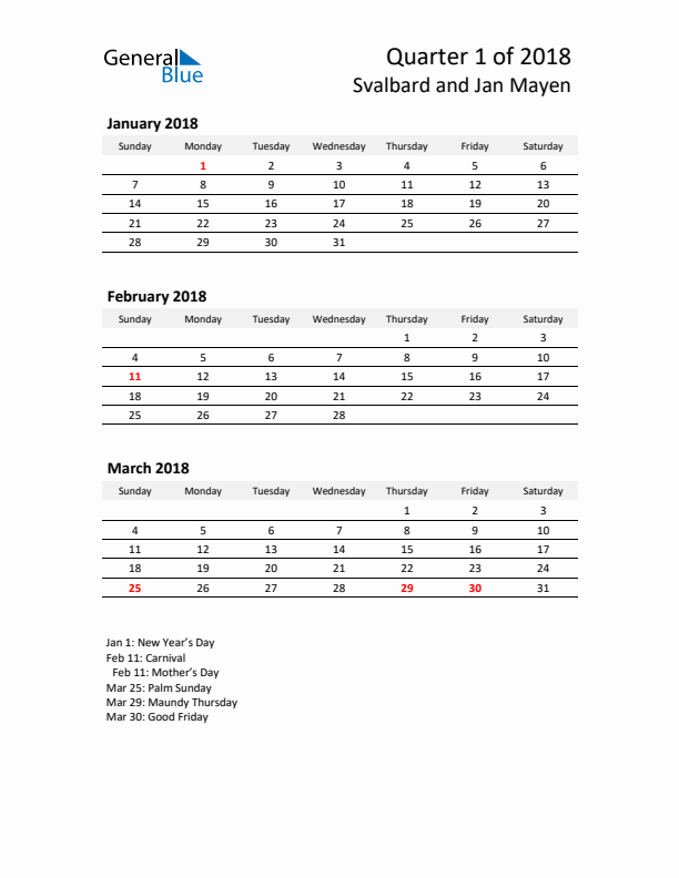 2018 Three-Month Calendar for Svalbard and Jan Mayen