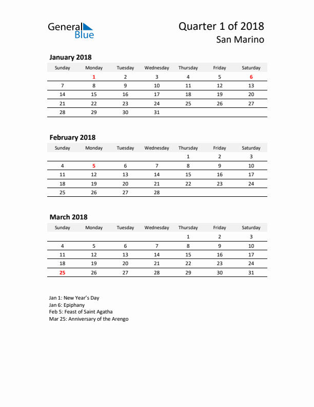 2018 Three-Month Calendar for San Marino