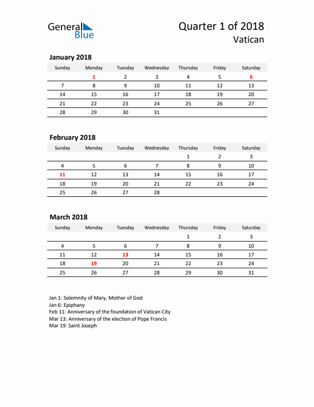 2018 Three-Month Calendar for Vatican