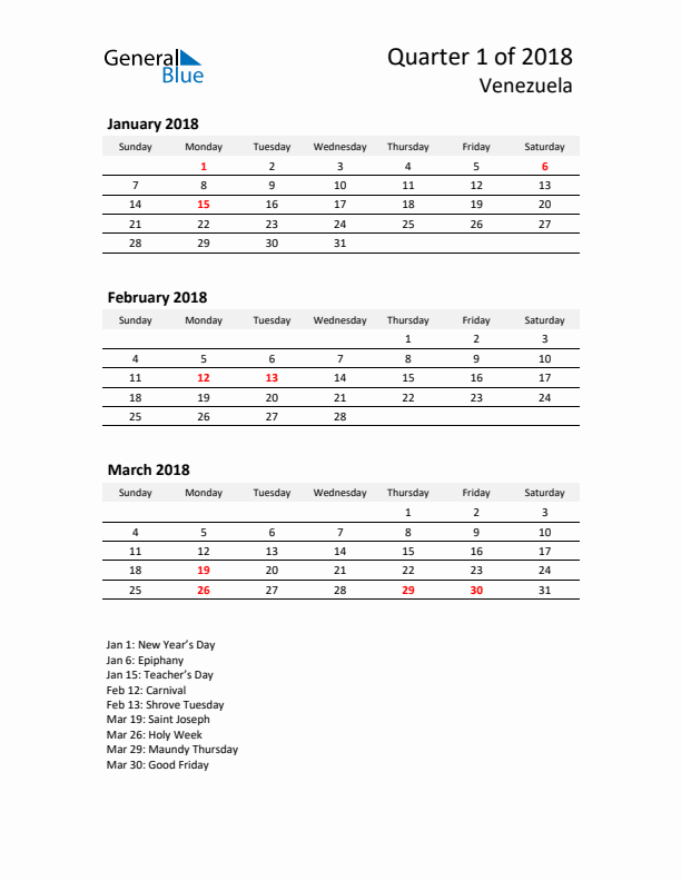 2018 Three-Month Calendar for Venezuela
