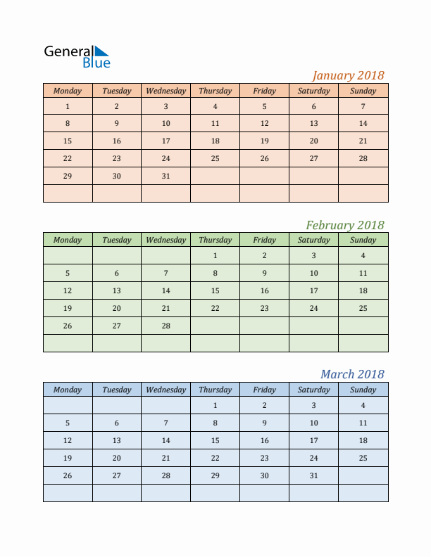 Three-Month Calendar for Year 2018 (January, February, and March)