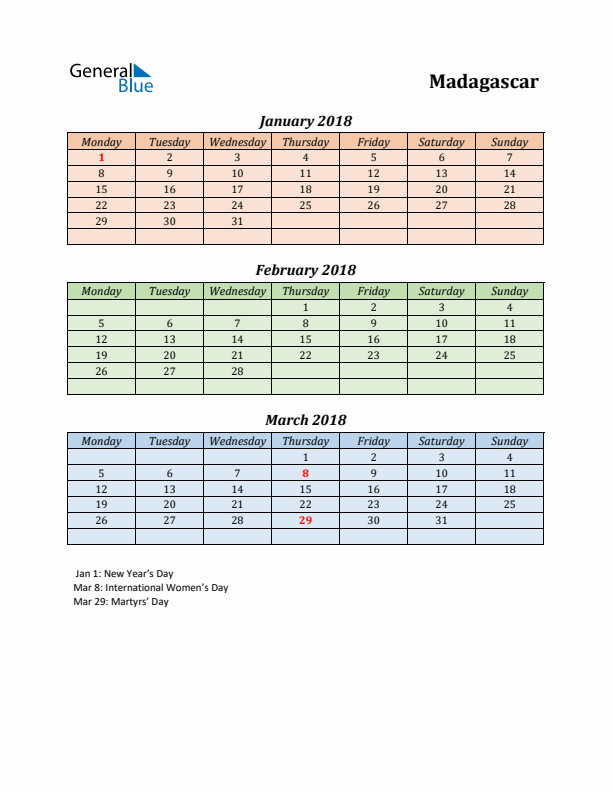 Q1 2018 Holiday Calendar - Madagascar