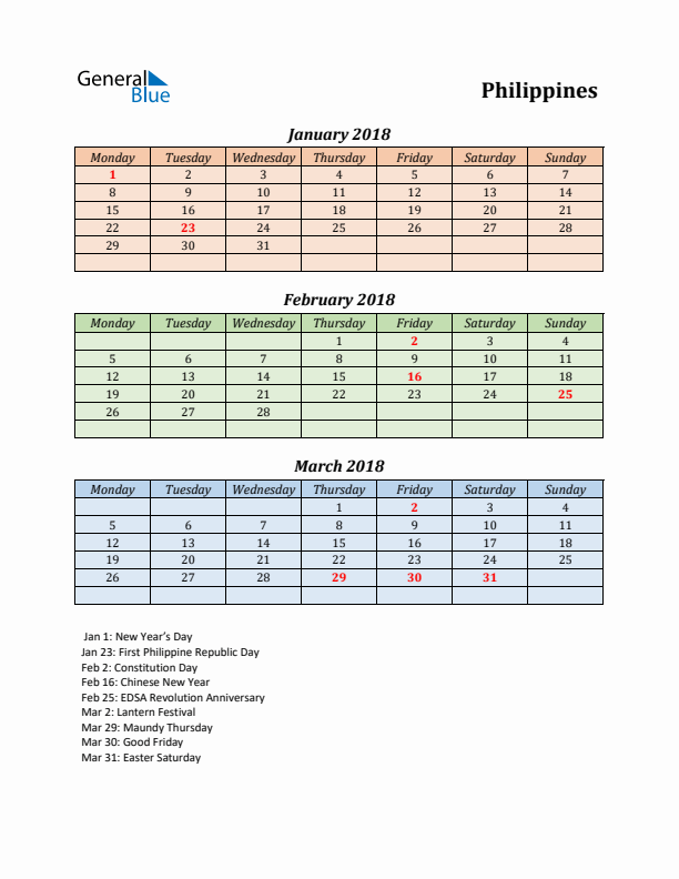 Q1 2018 Holiday Calendar - Philippines