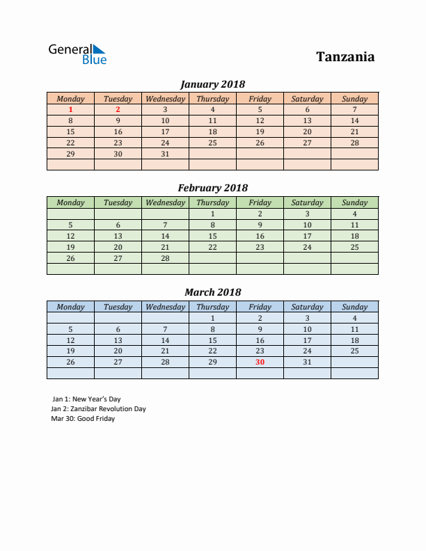 Q1 2018 Holiday Calendar - Tanzania
