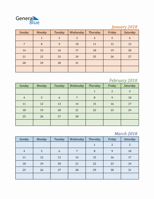 Three-Month Calendar for Year 2018 (January, February, and March)
