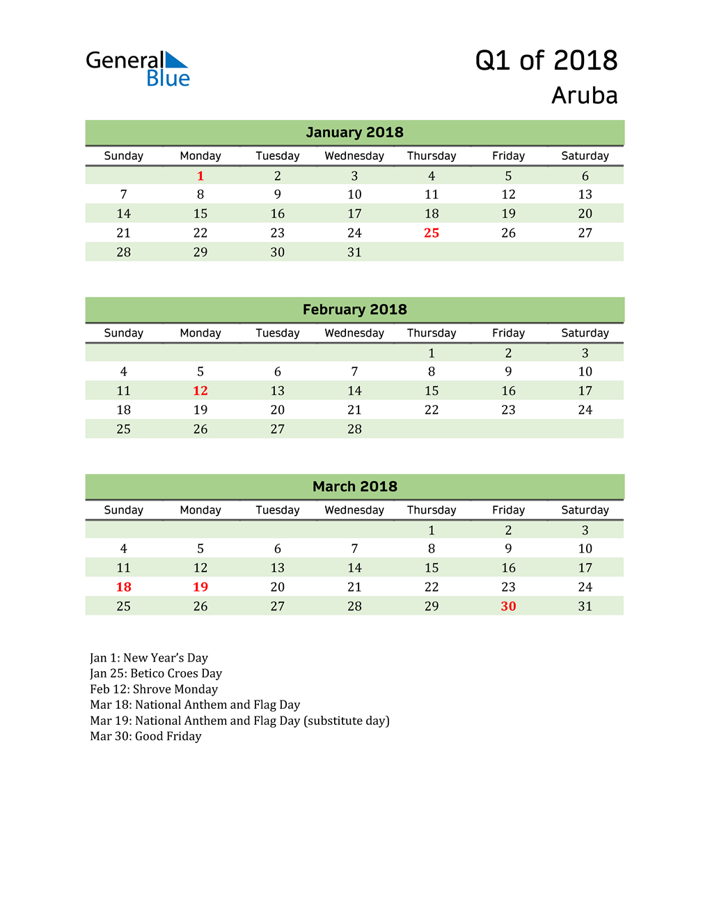  Quarterly Calendar 2018 with Aruba Holidays 