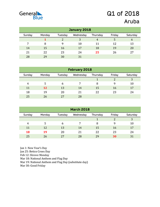  Quarterly Calendar 2018 with Aruba Holidays 