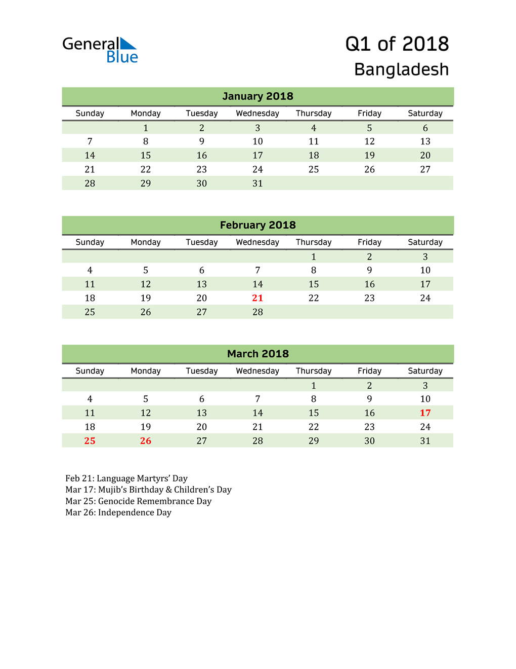 Quarterly Calendar 2018 with Bangladesh Holidays 