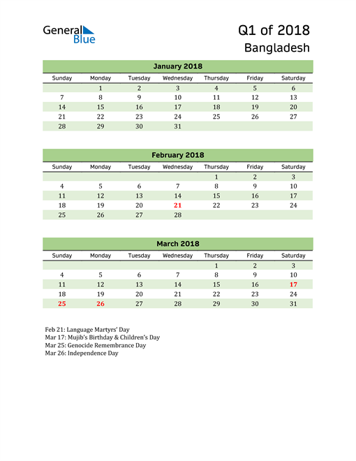  Quarterly Calendar 2018 with Bangladesh Holidays 