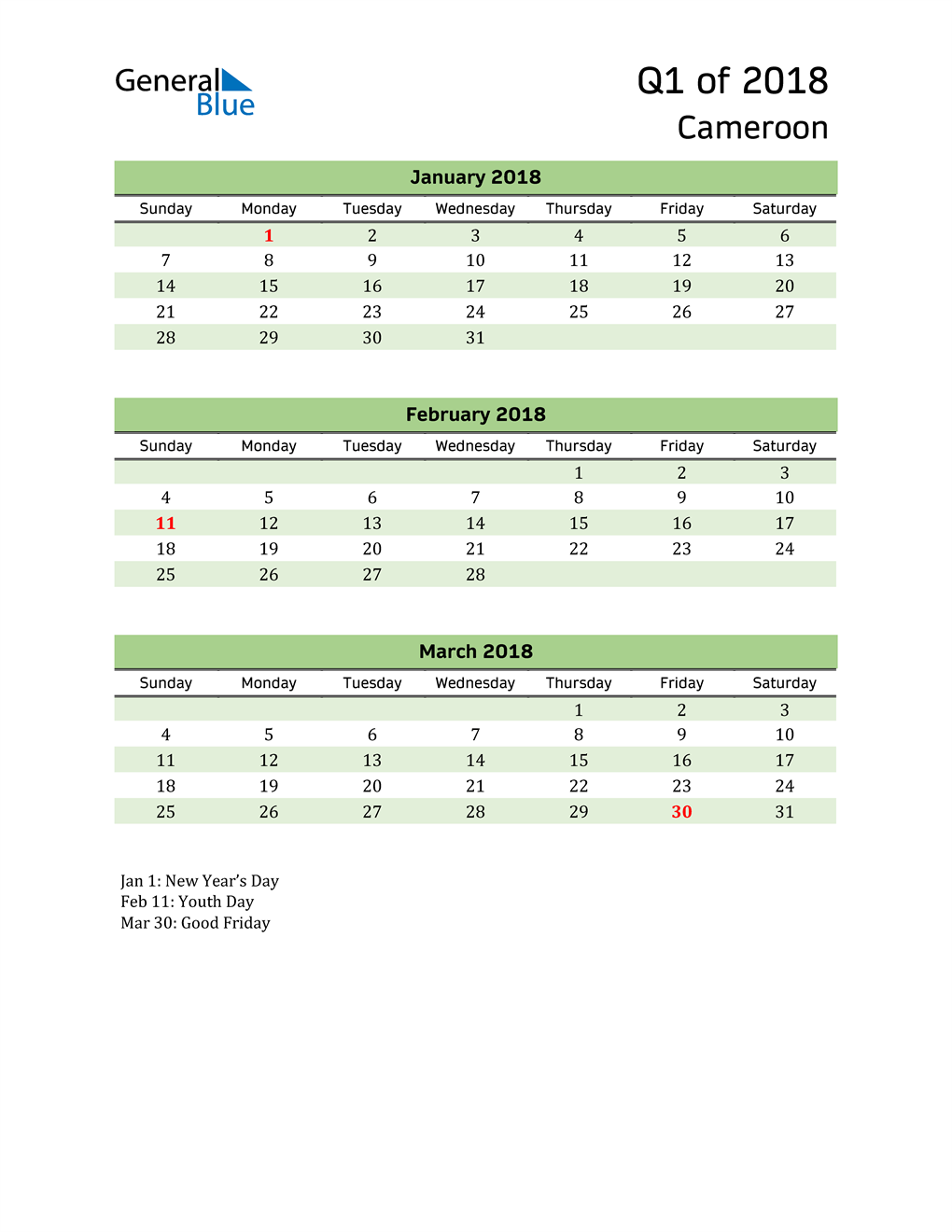  Quarterly Calendar 2018 with Cameroon Holidays 