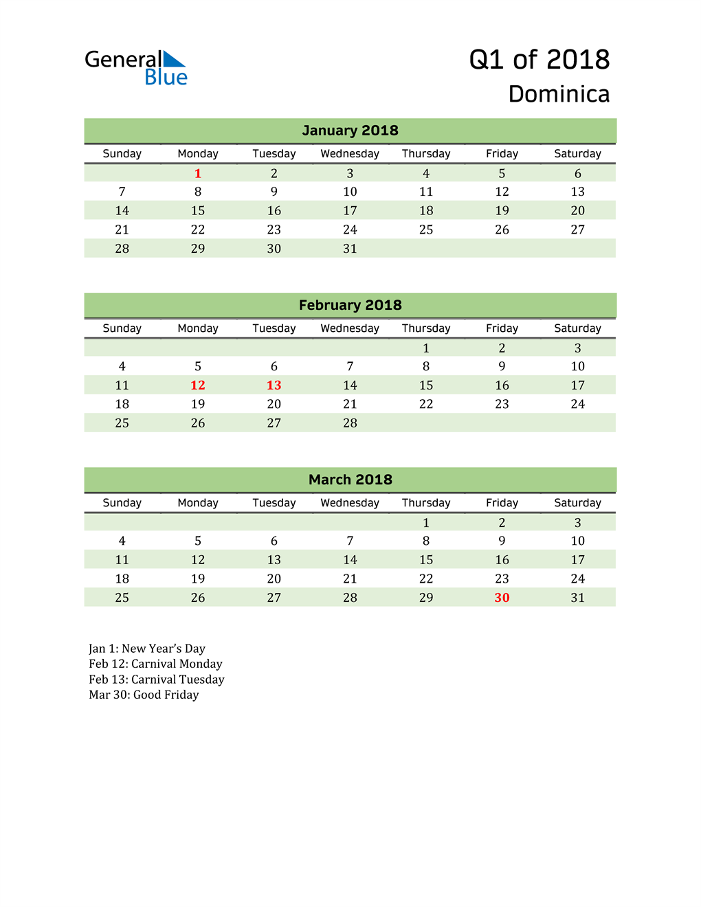  Quarterly Calendar 2018 with Dominica Holidays 