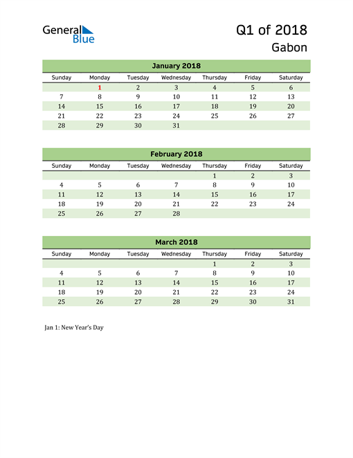  Quarterly Calendar 2018 with Gabon Holidays 