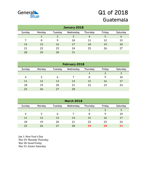  Quarterly Calendar 2018 with Guatemala Holidays 