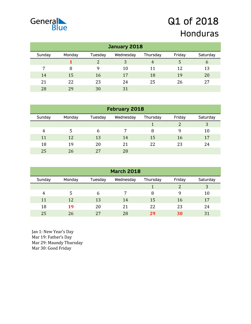  Quarterly Calendar 2018 with Honduras Holidays 