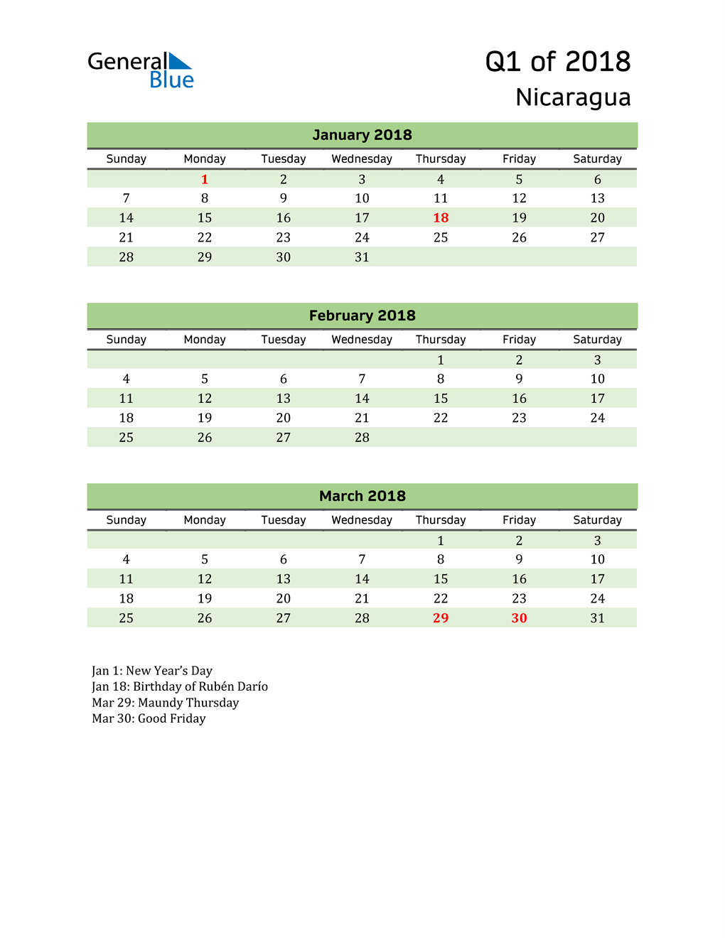 Quarterly Calendar 2018 with Nicaragua Holidays 