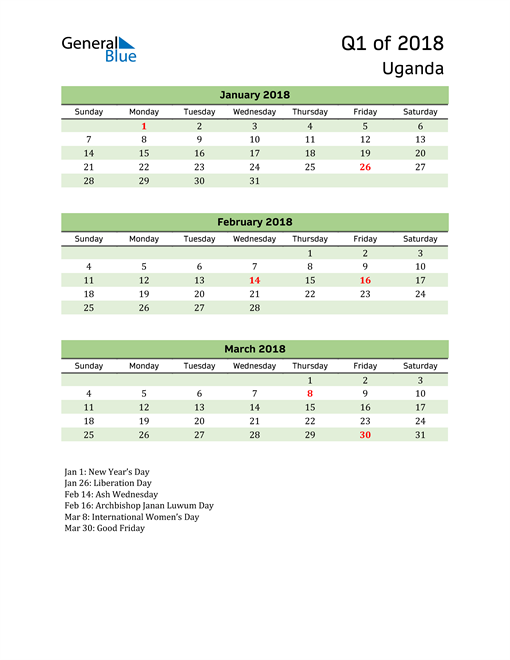  Quarterly Calendar 2018 with Uganda Holidays 