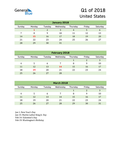  Quarterly Calendar 2018 with United States Holidays 