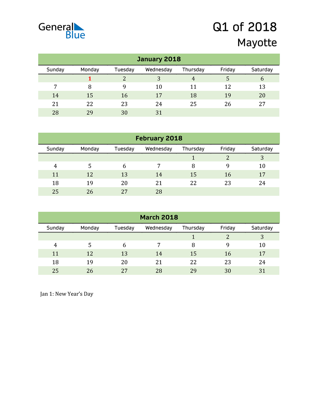 Quarterly Calendar 2018 with Mayotte Holidays 