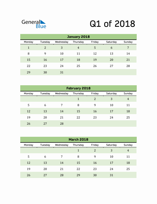 Printable Quarterly Calendar (Q1 2018)