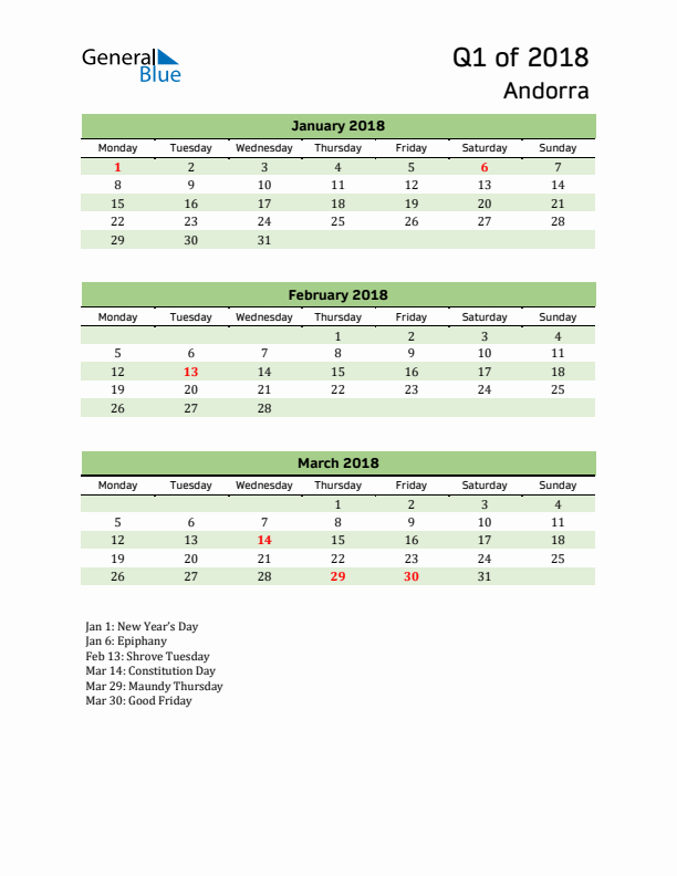 Quarterly Calendar 2018 with Andorra Holidays