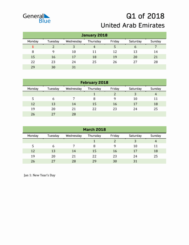 Quarterly Calendar 2018 with United Arab Emirates Holidays