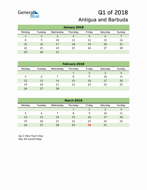Quarterly Calendar 2018 with Antigua and Barbuda Holidays