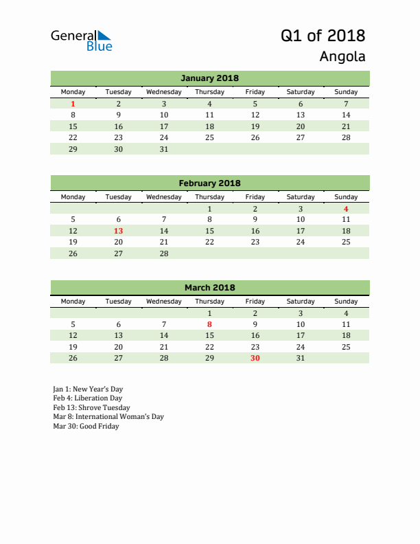 Quarterly Calendar 2018 with Angola Holidays