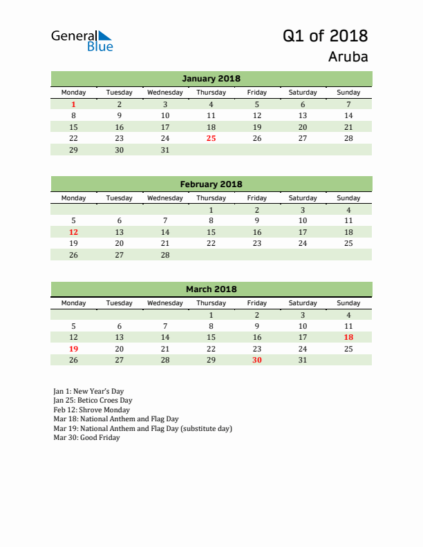Quarterly Calendar 2018 with Aruba Holidays