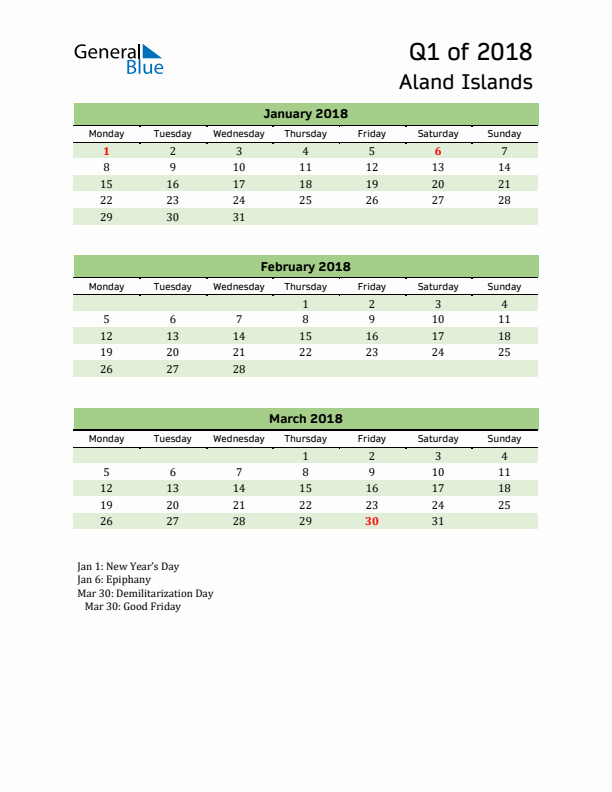 Quarterly Calendar 2018 with Aland Islands Holidays