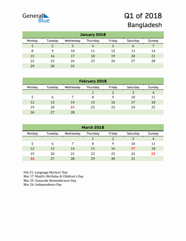 Quarterly Calendar 2018 with Bangladesh Holidays