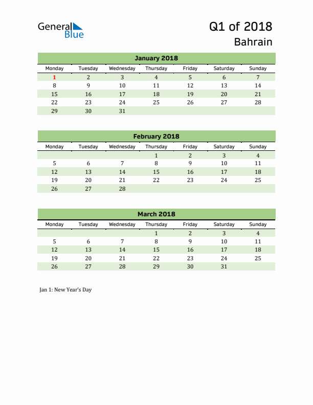 Quarterly Calendar 2018 with Bahrain Holidays