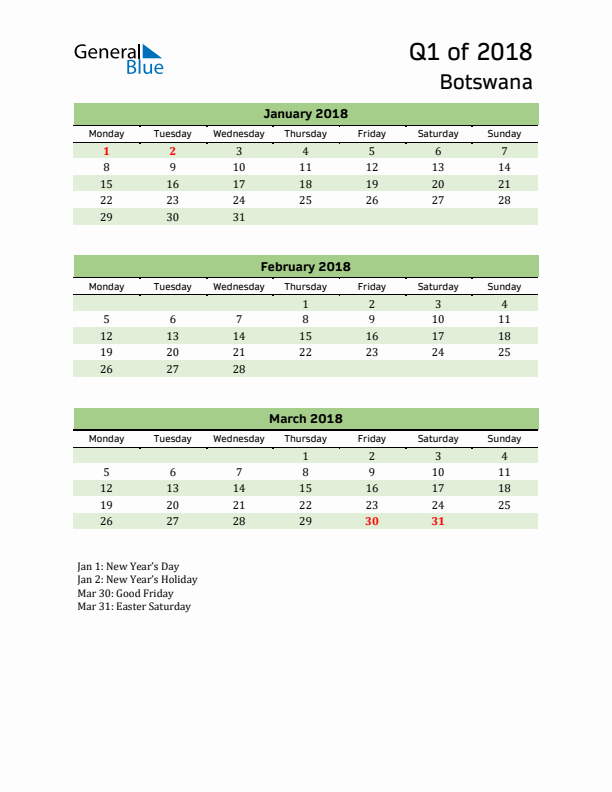 Quarterly Calendar 2018 with Botswana Holidays