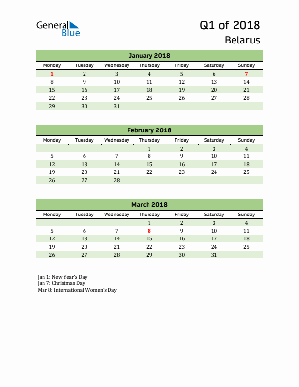 Quarterly Calendar 2018 with Belarus Holidays
