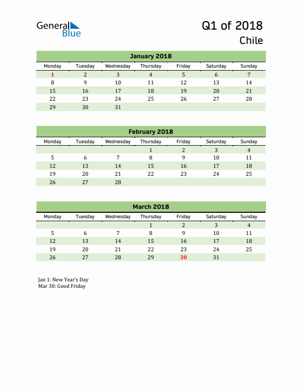 Quarterly Calendar 2018 with Chile Holidays