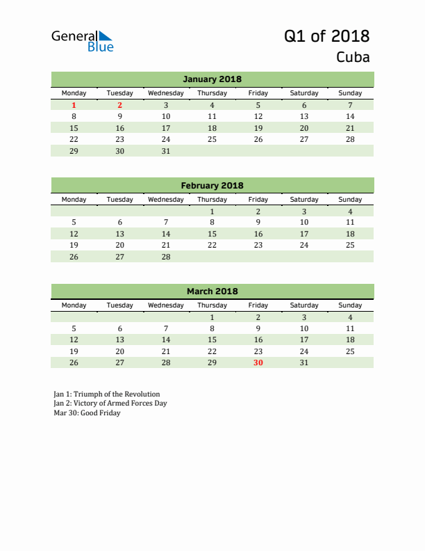 Quarterly Calendar 2018 with Cuba Holidays