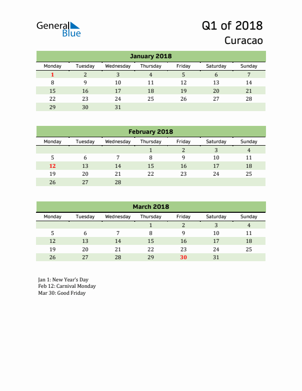 Quarterly Calendar 2018 with Curacao Holidays