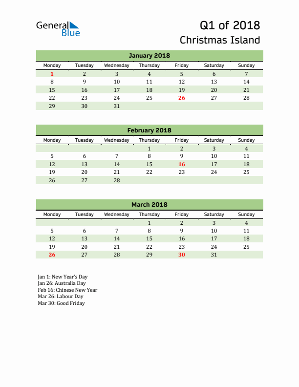 Quarterly Calendar 2018 with Christmas Island Holidays
