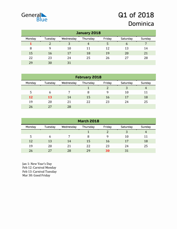 Quarterly Calendar 2018 with Dominica Holidays