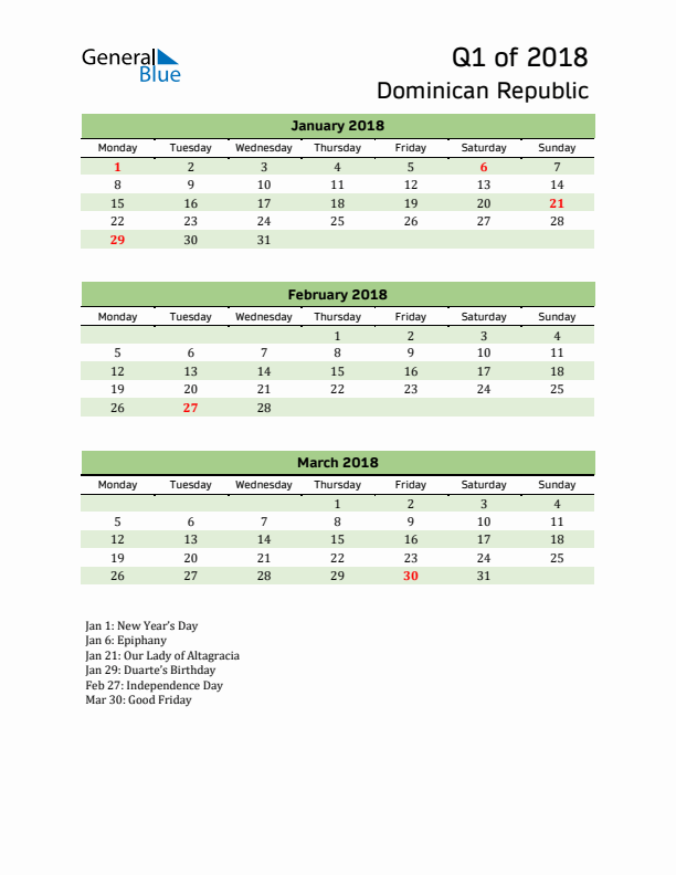 Quarterly Calendar 2018 with Dominican Republic Holidays