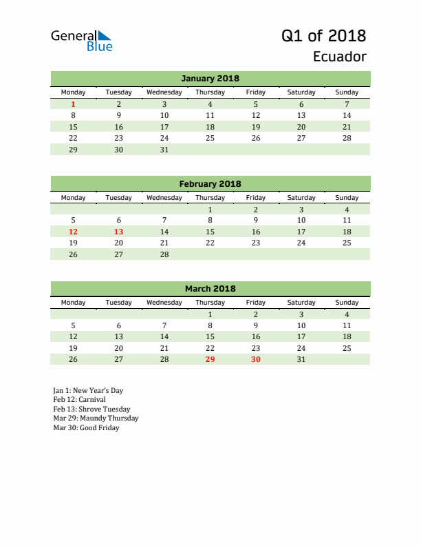 Quarterly Calendar 2018 with Ecuador Holidays