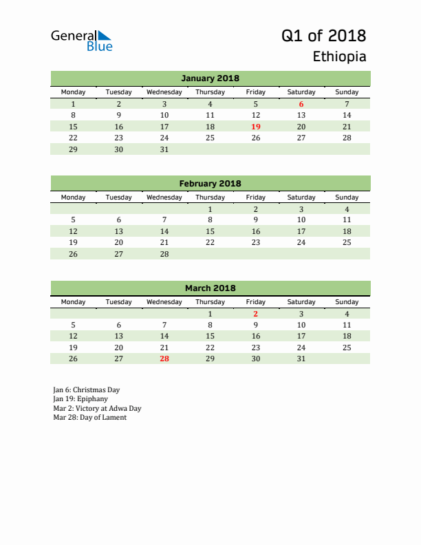 Quarterly Calendar 2018 with Ethiopia Holidays