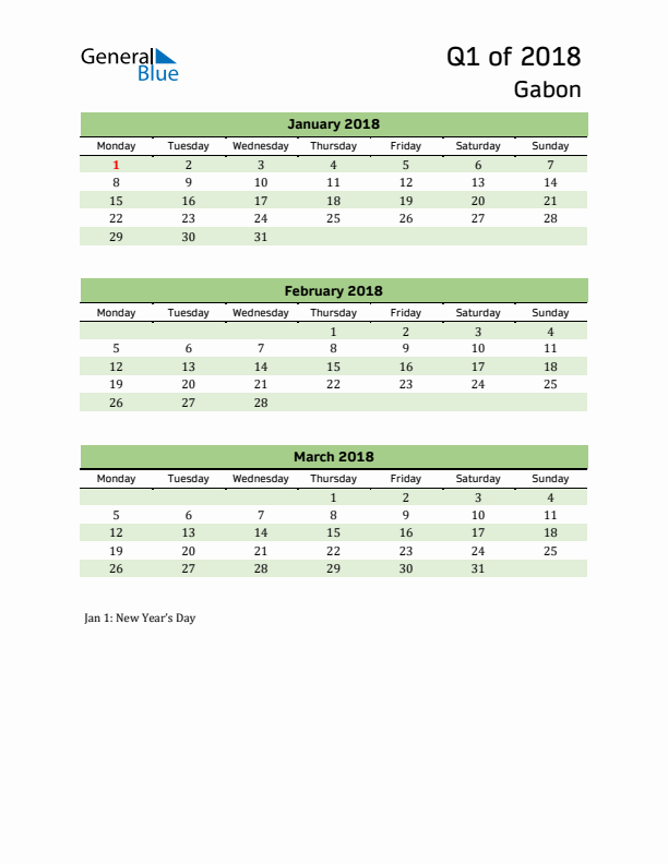 Quarterly Calendar 2018 with Gabon Holidays