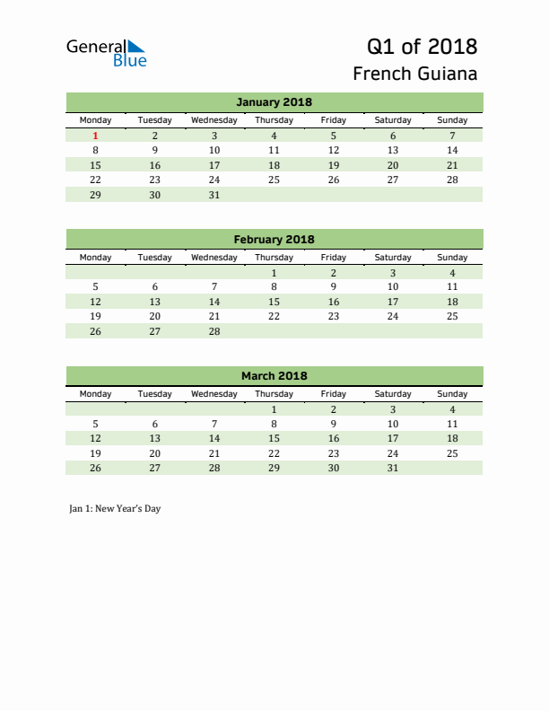 Quarterly Calendar 2018 with French Guiana Holidays