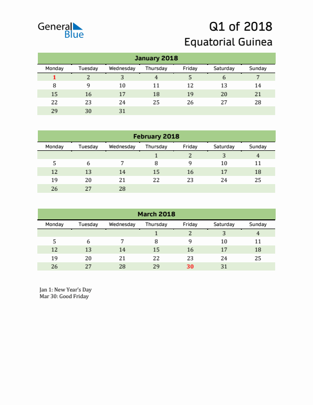 Quarterly Calendar 2018 with Equatorial Guinea Holidays