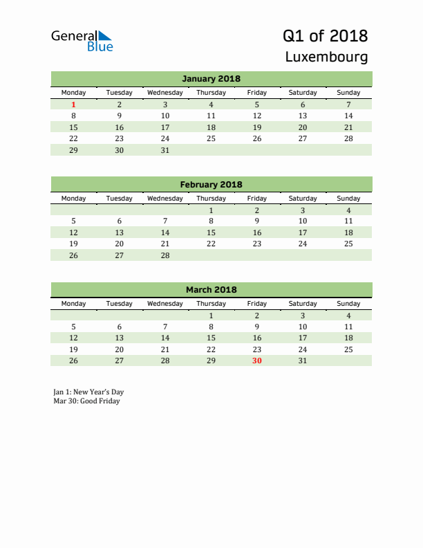 Quarterly Calendar 2018 with Luxembourg Holidays